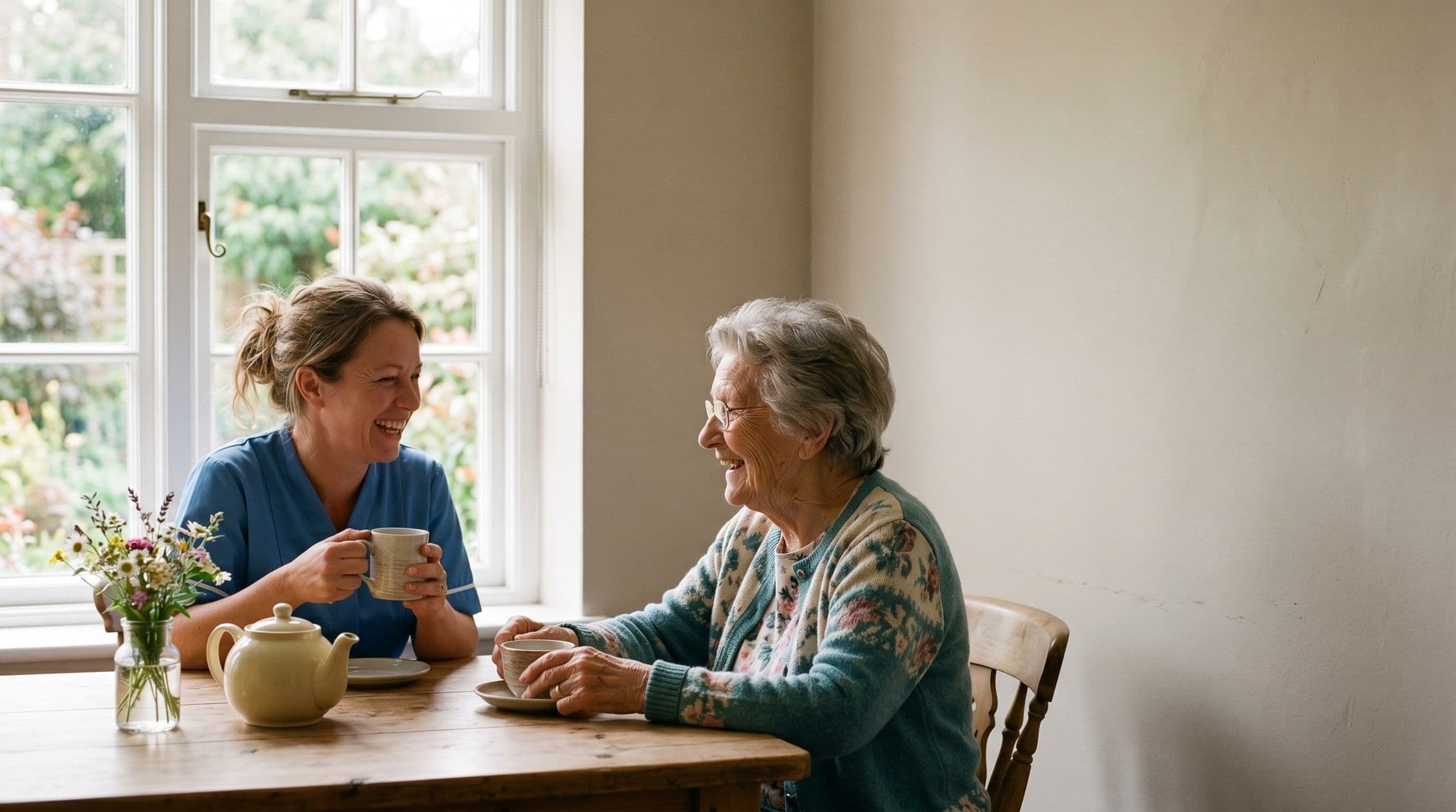 A carer and a resident sharing a pot of tea by the window