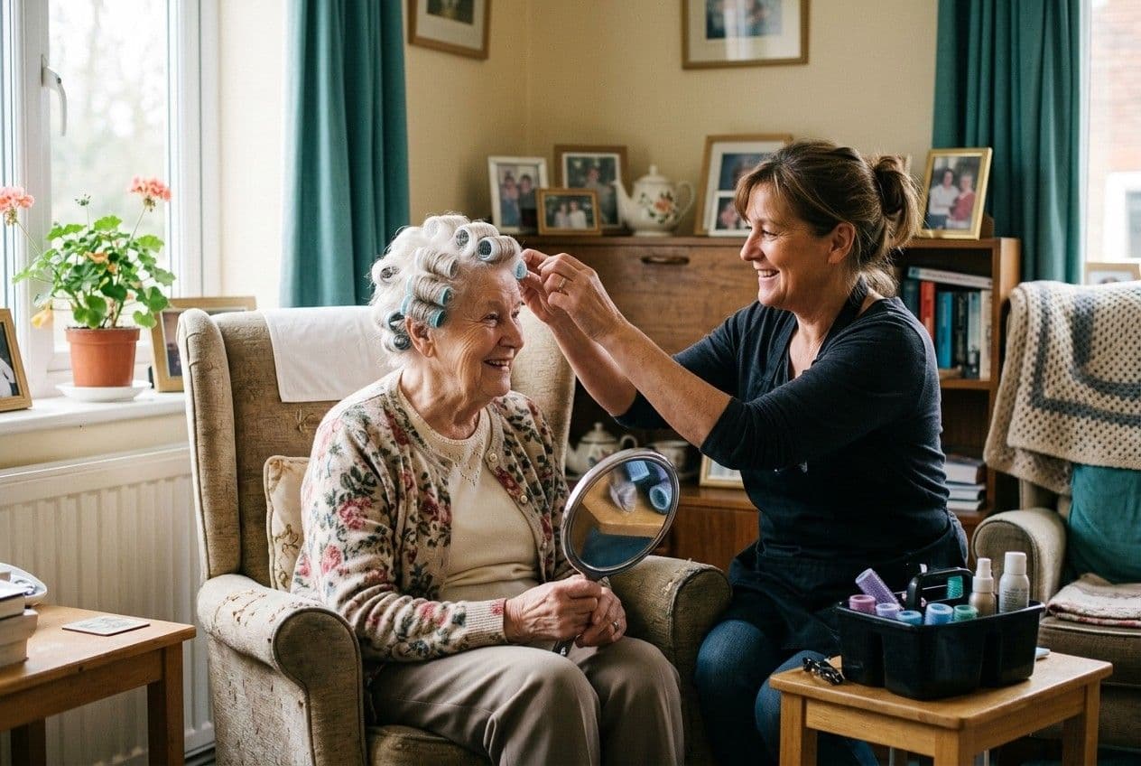A carer styling a resident's hair in the lounge