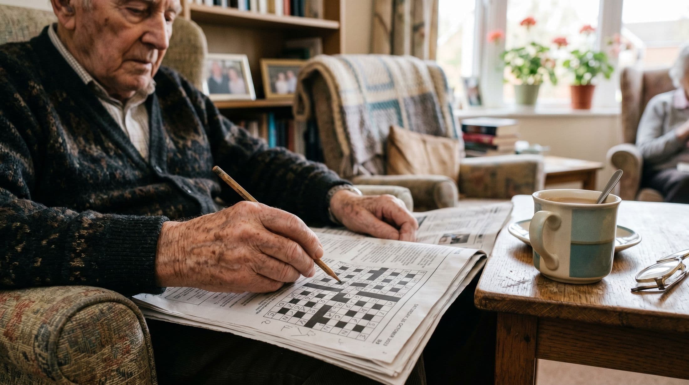 A resident doing a crossword with a cup of tea
