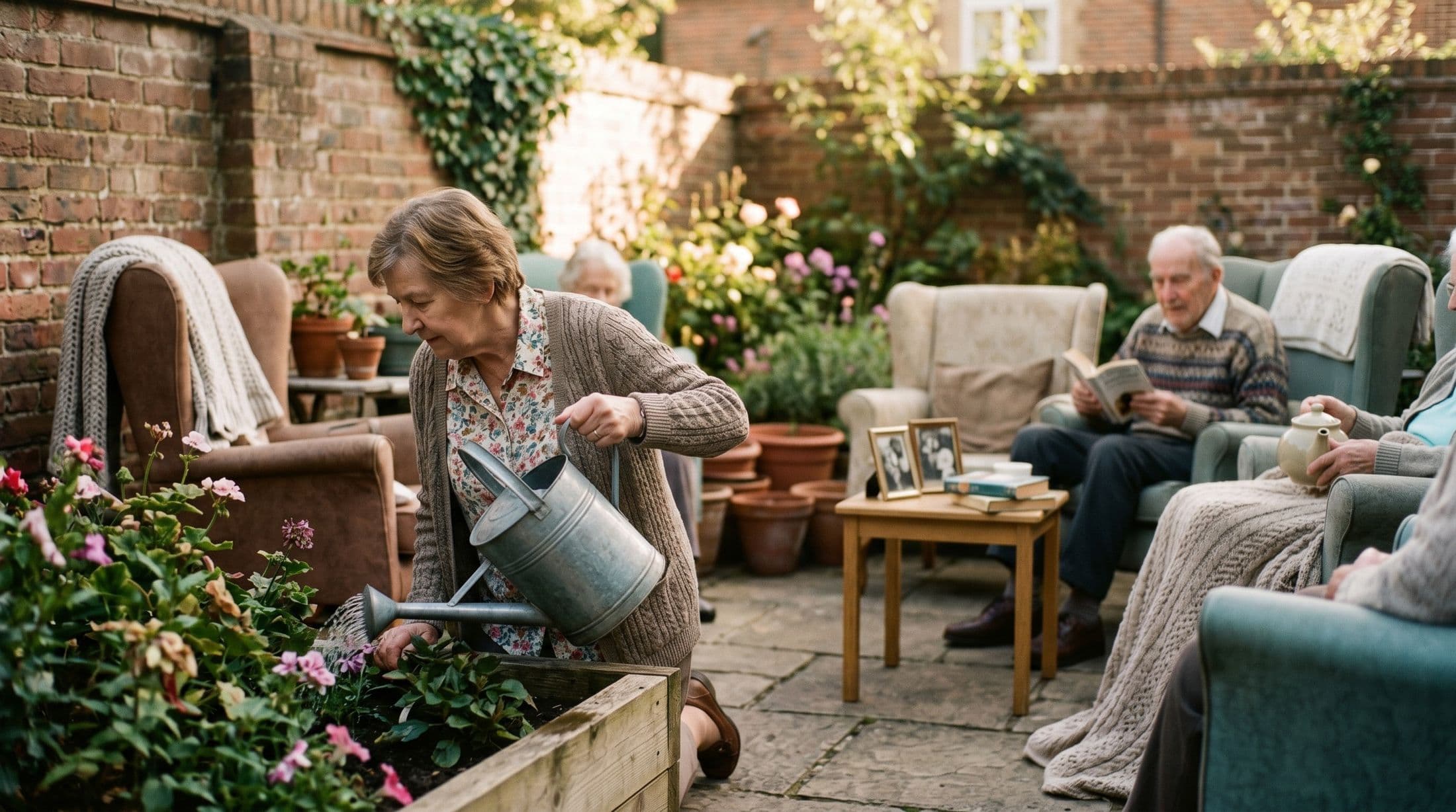 A resident watering flowers in the garden while others relax nearby