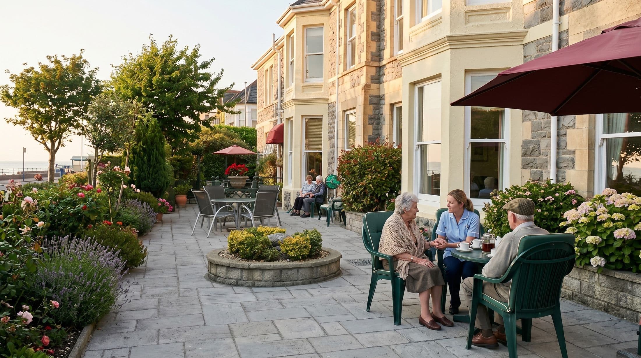 Residents relaxing on the garden patio at Tollington Lodge
