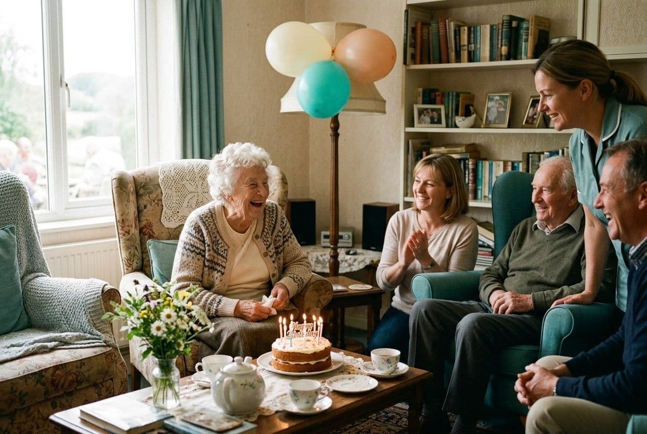 Residents and family celebrating a birthday with cake and balloons